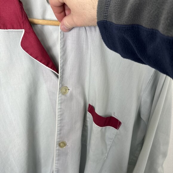 Vintage 60s 70s Men L Gray Red Night Shirt Sleepwear Button Up - Picture 3 of 6